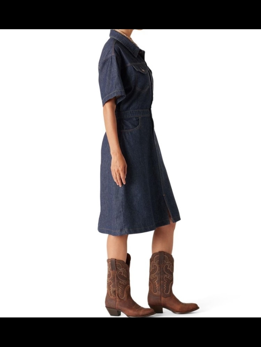 Classic Dark Blue Denim Short-Sleeve Jean Overalls Dress - Picture 5 of 7